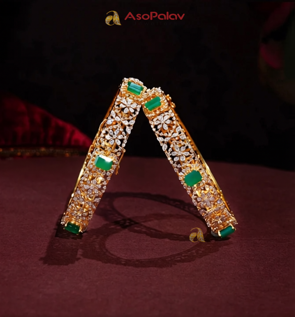Sparkling 18K Diamond & Emerald Bangles Set | Asopalavjewellers